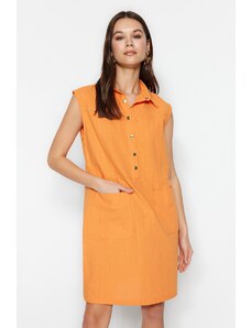 Trendyol Orange Straight Cut Pocket Shirt Collar Mini Woven Linen Look Dress