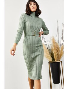 Olalook Γυναικείο Υδάτινο Πράσινο με Ζώνη, Χοντρό Ribbed Πουλόβερ Φόρεμα