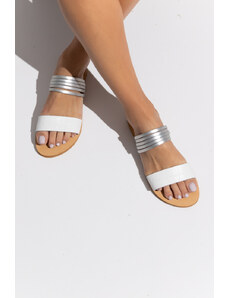 LOVEFASHIONPOINT Sandals Flat Γυναικεία Λευκά-Ασημί Δερμάτινα