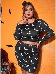 OEM Plus size, Σετ μπλούζα-φούστα με μοτίβο νυχτερίδες white-black