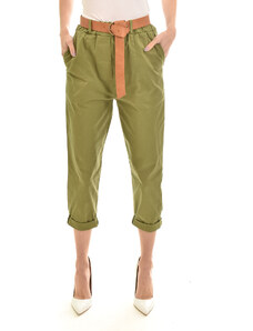 Motel Belted Band Waisted Chino Trousers-Military Green