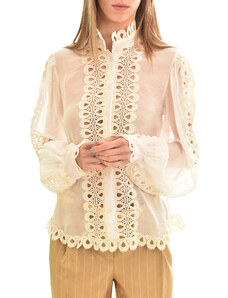 Motel Embroidery Patterned See-Through Mao Shirt-White