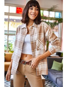 Olalook Women's Beige One Pocket Thick Plaid Lumberjack Shirt