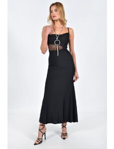 Enter Fashion Γυναικείο Maxi φόρεμα μαύρο lycra με διαφάνεια
