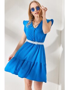 Olalook Γυναικείο Μπλε Μίνι Φόρεμα με Διακοσμητικά Κουμπιά και Ελαστική Μέση