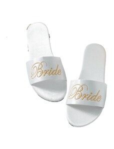 La Lolita Amsterdam BRIDESLIPPERS Νυφικές σατέν παντόφλες με ανάγλυφο κεντητό χρυσό λογότυπο "bride"