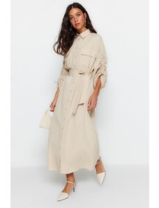 Trendyol μπεζ πλεκτό βαμβακερό φόρεμα πουκάμισο με ρυθμιζόμενα λεπτομερή μανίκια με ζώνη