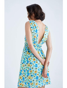 DEFACTO A-Line V-Neck Low-Cut Back Floral Linen Look Mini Strap DressE