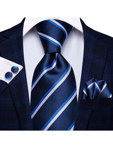 Hi-Tie Σετ μεταξωτή γραβάτα μαντήλι μανικετόκουμπα ριγέ μπλε