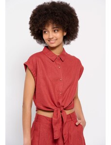 FUNKY BUDDHA Linen blend cropped πουκάμισο με μπροστινό δέσιμο