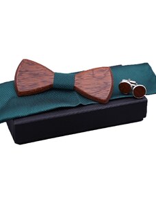 Legend - LGD-WT-351 - Set Wooden Bow Ties Pocket Square and Cufflinks - Petrol - ΠΑΠΙΓΙΟΝ