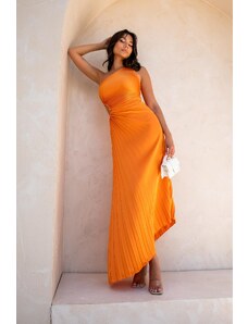 Joy Fashion House Izzi μακρύ φόρεμα πλισέ με έναν ώμο και σατέν όψη πορτοκαλί
