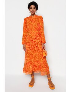 Trendyol Frill Φόδρα Υφαντό Σιφόν Φόρεμα Με Πορτοκαλί Φλοράλ Φούστα