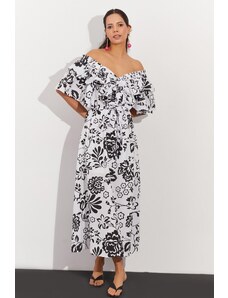 Cool & Sexy Γυναικεία Λευκό-Μαύρο Βολάν Εμπρός Πίσω V Μοτίβο Midi φόρεμα