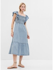 GAP Μπλε Smocked Flutter Sleeve Denim Midi Φόρεμα με Washwell
