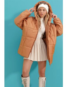 Trend Alaçatı Stili Γυναικεία Καμηλό Κουκούλα Fleece Τσέπη Puffer Μόδα Oversized Puffy Παλτό