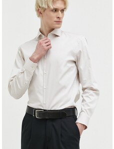 Βαμβακερό πουκάμισο HUGO ανδρικό, χρώμα: μπεζ