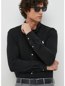 Βαμβακερό πουκάμισο Polo Ralph Lauren ανδρικό, χρώμα: μαύρο,