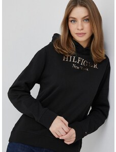 βαμβακερή μπλούζα Tommy Hilfiger γυναικεία, χρώμα: μαύρο, με κουκούλα