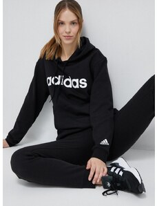 Βαμβακερή μπλούζα adidas γυναικεία, χρώμα: μαύρο, με κουκούλα