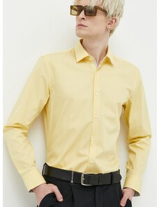 Βαμβακερό πουκάμισο HUGO ανδρικό, χρώμα: κίτρινο