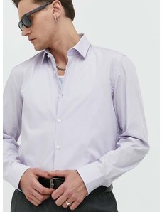 Βαμβακερό πουκάμισο HUGO ανδρικό, χρώμα: μοβ