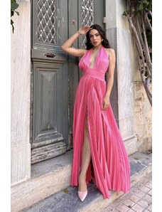 Joy Fashion House Isabella μάξι φόρεμα πλισέ με όψη σατέν φούξια