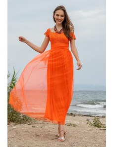 Enter Fashion Γυναικείο φόρεμα τούλινο με δαντέλα πορτοκαλί