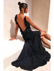 Joy Fashion House Cassandra μακρύ ασύμμετρο φόρεμα εξώπλατο με βολάν μαύρο