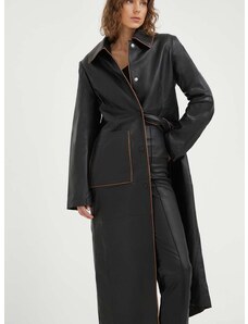 Δερμάτινο παλτό Remain γυναικεία, χρώμα: μαύρο