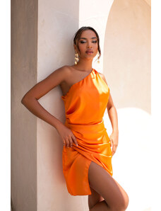 Joy Fashion House Hazelnut μίνι φόρεμα με έναν ώμο με όψη σατέν πορτοκαλί