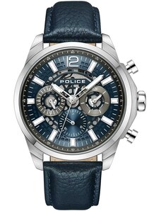 POLICE Menelik - PEWJF0004302, Silver case with Blue Leather Strap