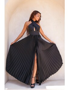 Joy Fashion House Isabella μάξι φόρεμα πλισέ με όψη σατέν μαύρο