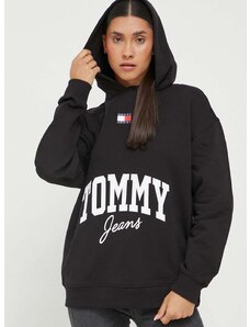 Βαμβακερή μπλούζα Tommy Jeans γυναικεία, χρώμα: μαύρο, με κουκούλα