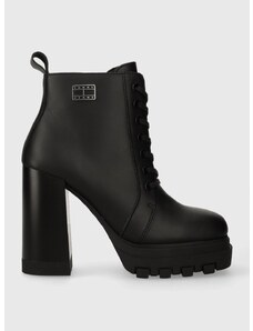 Δερμάτινες μπότες Tommy Jeans TJW HIGH HEEL LACE UP BOOT γυναικείες, χρώμα: μαύρο, EN0EN02408 F3EN0EN02408