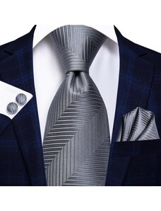 Hi-Tie Σετ μεταξωτή γραβάτα μαντήλι μανικ/κουμπα γκρι σχέδιο