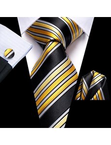Hi-Tie Σετ μεταξωτή γραβάτα μαντήλι μανικ/κουμπα ριγέ κιτρινη