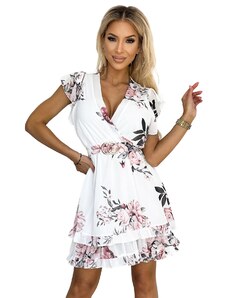 NUMOCO Φόρεμα με λαιμόκοψη συμπλέκτη, ζώνη και κοντά μανίκια - λευκό με τριαντάφυλλα
