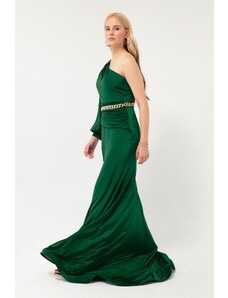 Lafaba Women's Emerald Green One-Shoulder Long Evening Dress with Chains