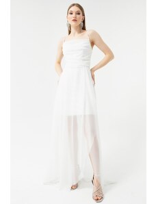 Lafaba γυναικείο λευκό μπούστο ντραπέ flounces glittery glitter βραδινό φόρεμα.