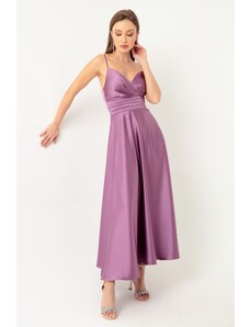 Lafaba Women's Lavender Satin Midi Evening Dress &; Prom Dress with Thread Straps and Waist Belt