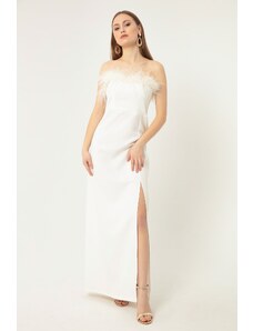 Lafaba Γυναικείο Λευκό Βραδινό Φόρεμα &; Φόρεμα Prom με Overtrimmed Λεπτομέρεια