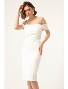 Lafaba Γυναικείο Λευκό Κολάρο Σκάφους Μαργαριτάρια Midi Βραδινό φόρεμα