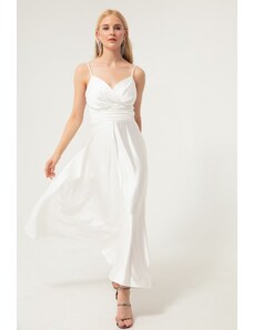 Lafaba Γυναικείο Λευκό Σατέν Midi Βραδινό Φόρεμα &; Φόρεμα Prom με Τιράντες Σχοινιού και Ζώνη Μέσης