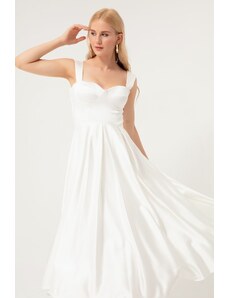 Lafaba Γυναικείες Λευκές Τιράντες, Flare Cut Midi Σατέν Βραδινό Φόρεμα.