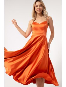 Lafaba Γυναικείο Πορτοκαλί Λεπτό Λουράκι Midi Σατέν Βραδινό Φόρεμα.
