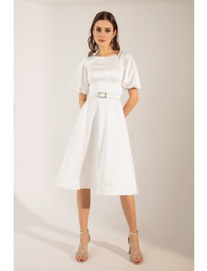 Lafaba Women's White Mini Satin Evening Dress with Balloon Sleeves and Stones.