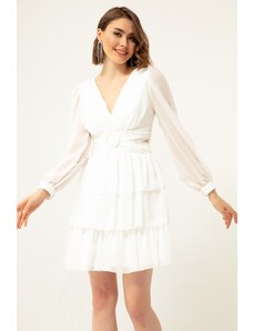 Lafaba Γυναικείο λευκό ντεκολτέ μίνι σιφόν βραδινό φόρεμα.
