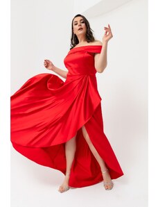 Lafaba Γυναικείο Κόκκινο Κολάρο Σκάφους Plus Size Σατέν Βραδινό Φόρεμα &; Φόρεμα Prom