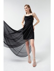 Lafaba γυναικείο μαύρο μπούστο ντραπέ flounce glittery glitter βραδινό φόρεμα.